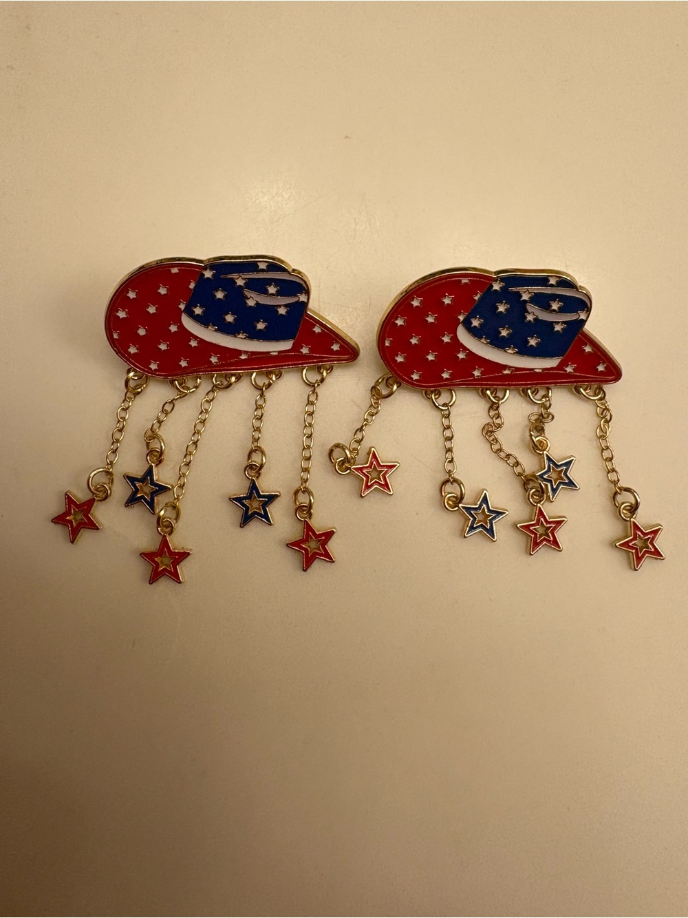 Cowboy Hat in Patriotic Red & Blue Star Dangle Earrings NWOT